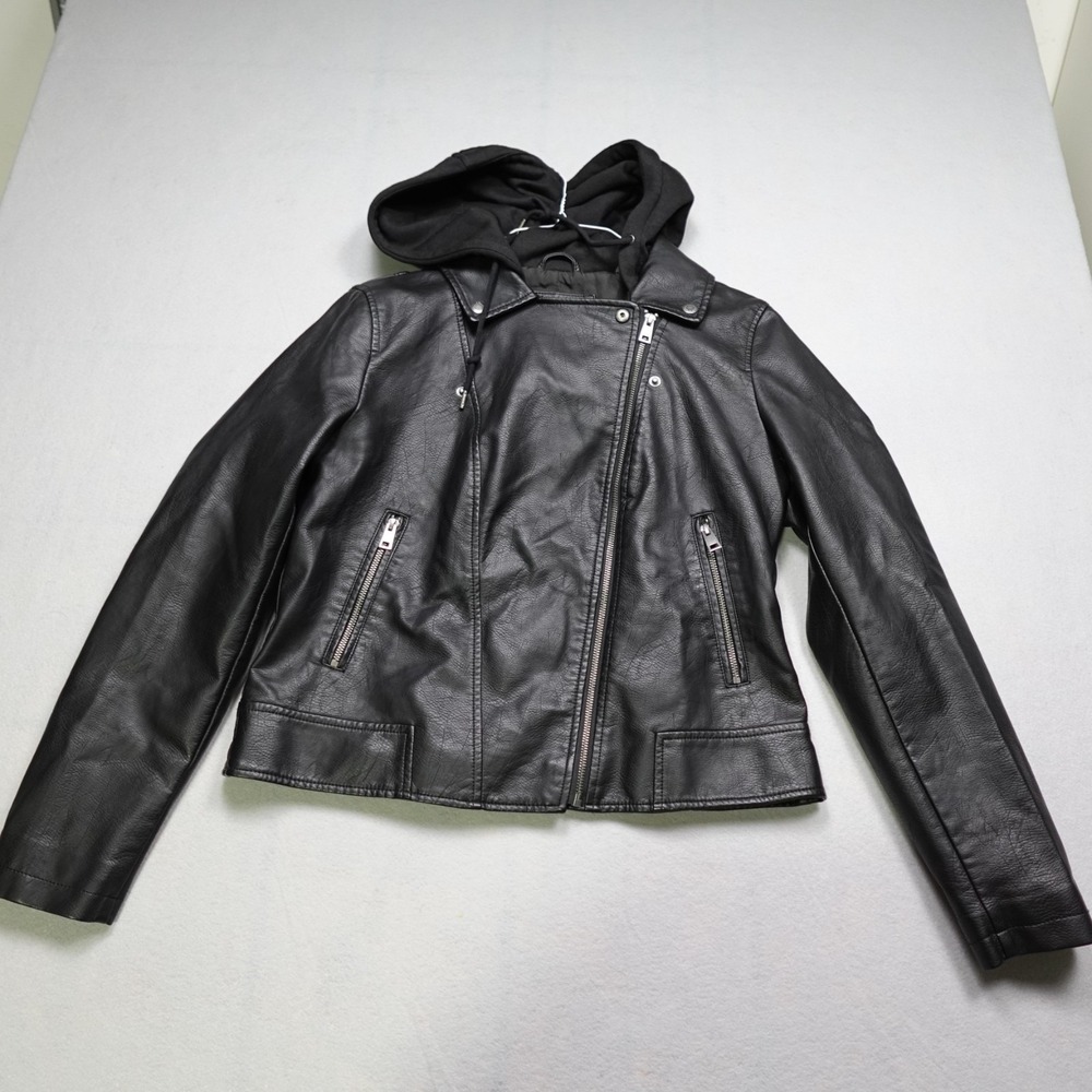 Levi's Faux Leather Moto Jacket Women Large Black Hooded Biker Riding